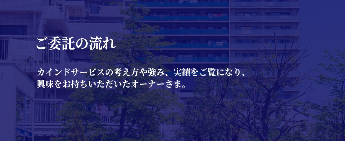 ご委託の流れ　カインドサービスの考え方や強み、実績をご覧になり、興味をお持ちいただいたオーナーさま。